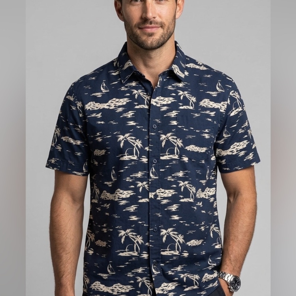 Mens Tropical Vacation Shirt-Jachs Navy and White Palm Tree Print-XL